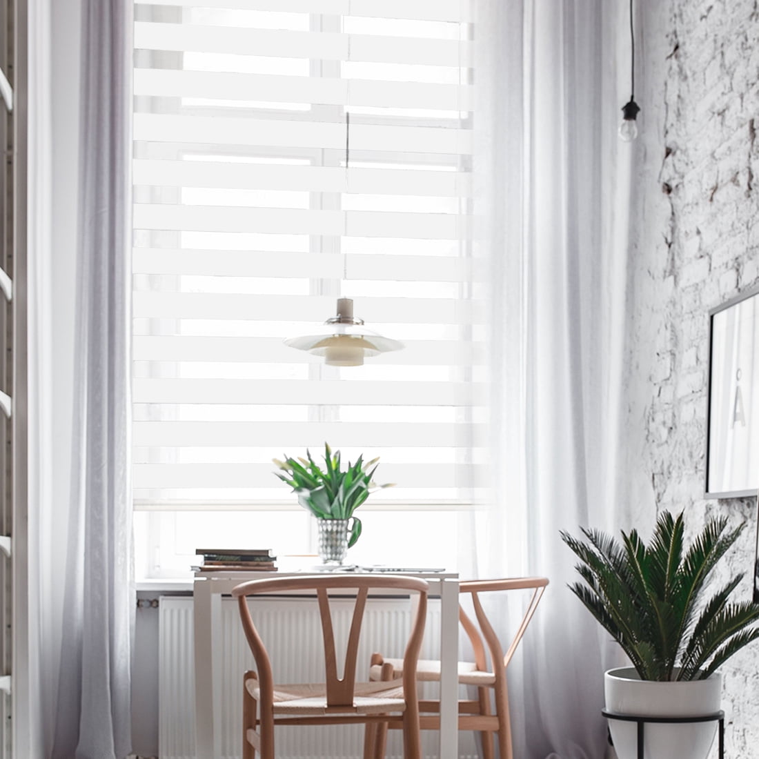 Keego No Drilling Zebra Window Shades Modern Design Roller Shade w/ Dual Layers Light Filtering White Valance Blinds for Home Office Bathroom White Fabric 52.5"w x 44.0"h
