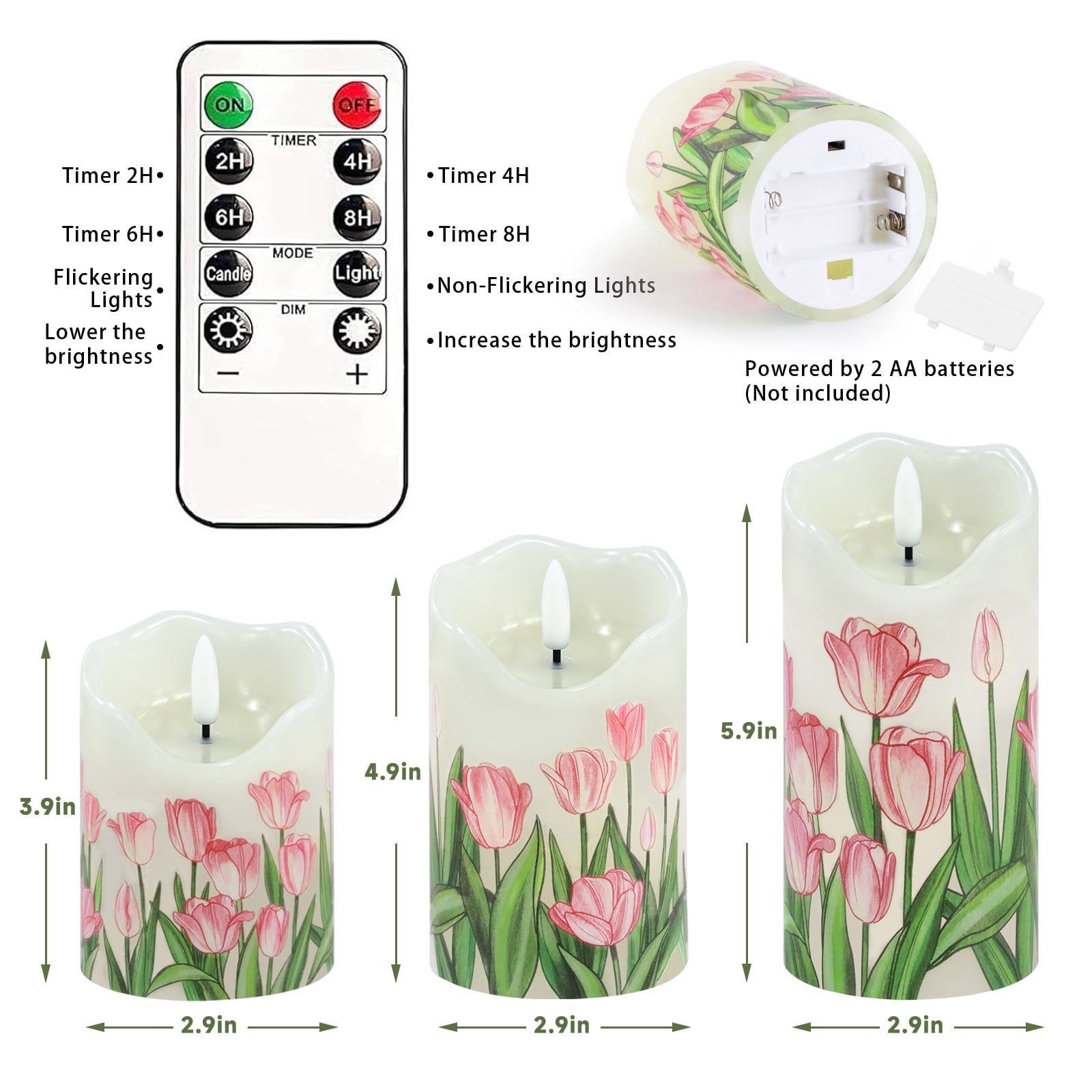 Flameless Candles Light, Set of 3 Flickering Tulip Pillar Candles with Remote & Timer, Dimmable Real Wax Electric LED Candles Battery Operated, Birthday Gift Mother's Day Gift for Mom Grandma Women