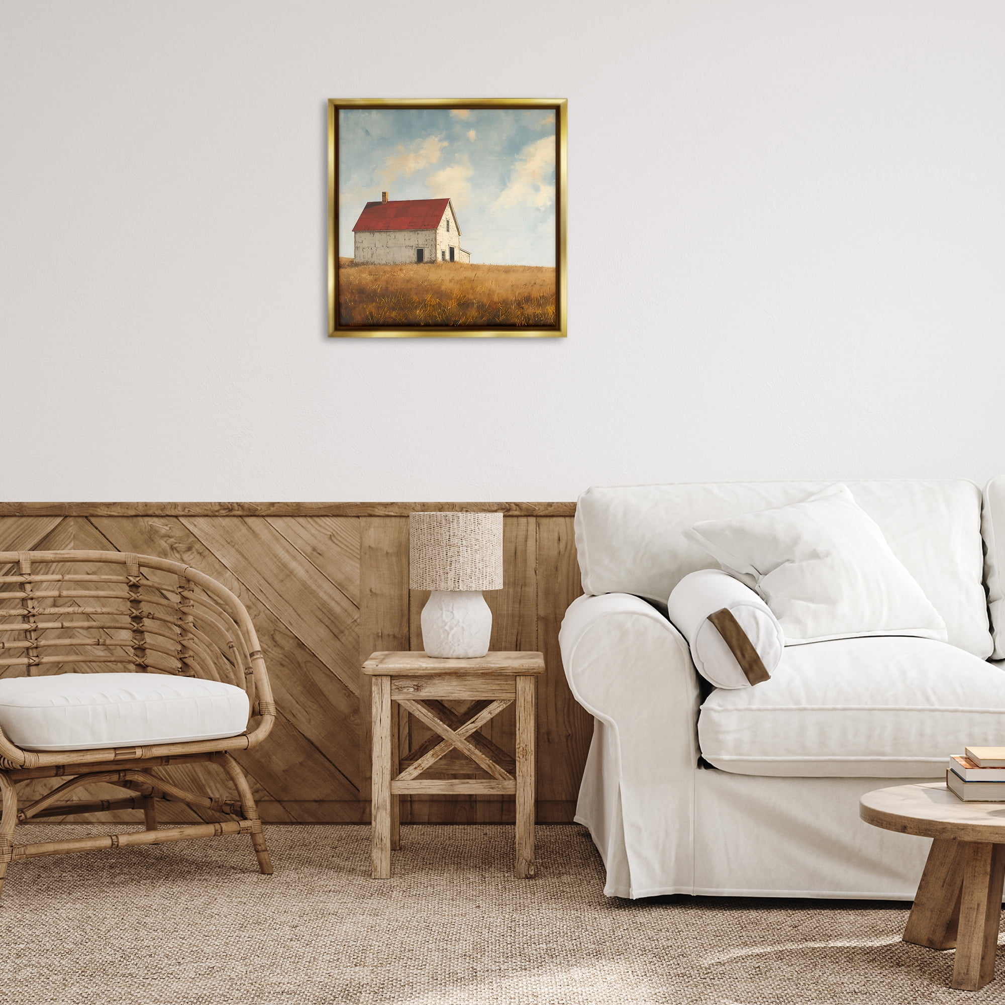 Stupell Industries Barren Farmland Barn Landscape & Nature Painting Gold Floater Framed Canvas Art Print Wall Art, 25 x 25