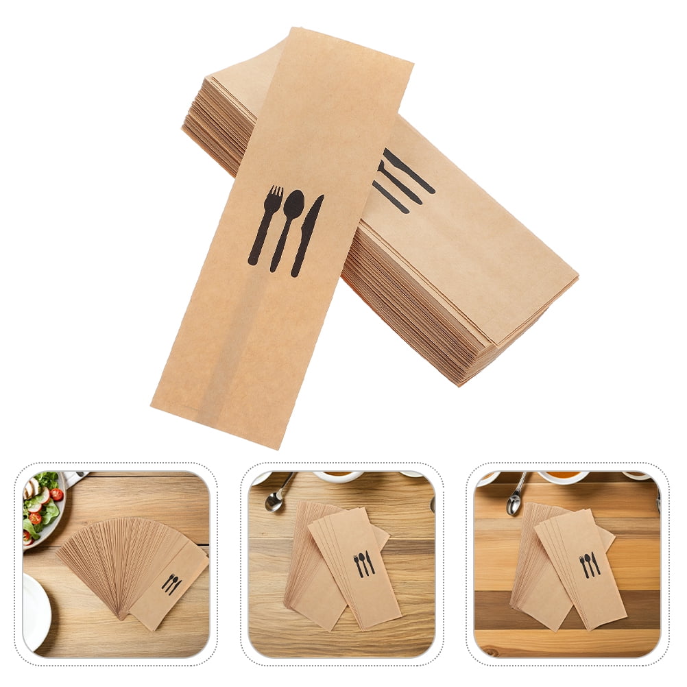 Supvox 300Pcs Kraft Paper Silverware Sleeves with Oil Proof Lamination for Banquets and Catering Service