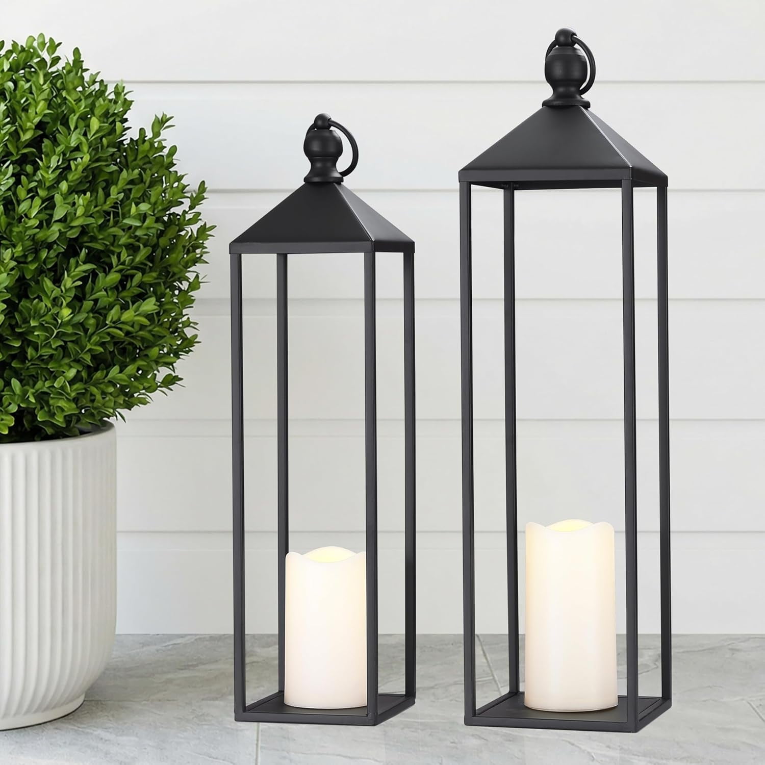 Perfnique Decorative Lanterns for Indoor & Outdoor, Set of 2 Black Metal Lanterns ((22" & 19") with LED Timer Flameless Candles, Farmhouse Modern Decor for Front Porch, Patio, Mantle