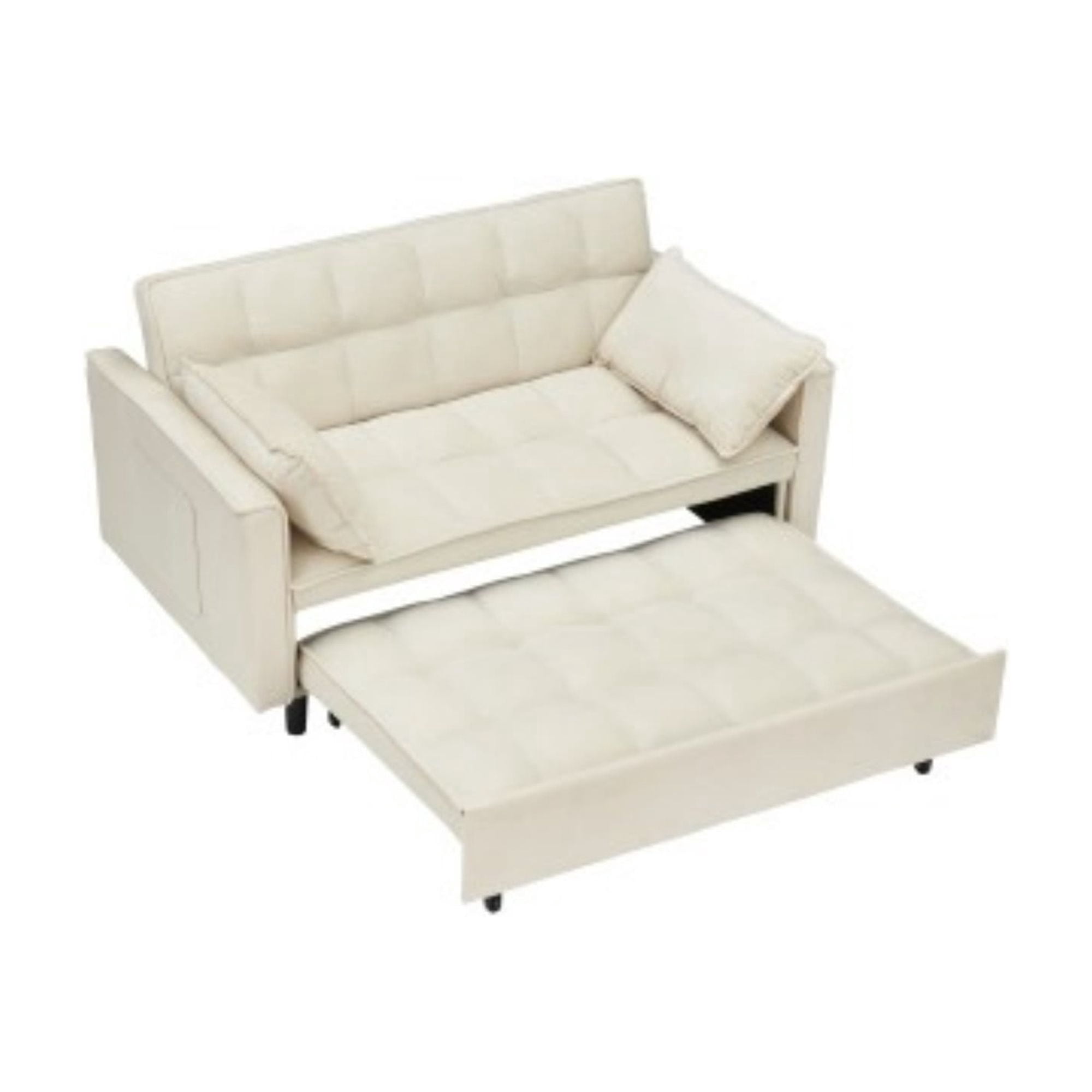 Velvet Loveseat Sofa Bed, 3-in-1 Convertible Sleeper Couch with Pullout Bed & Reclining Backrest, Beige
