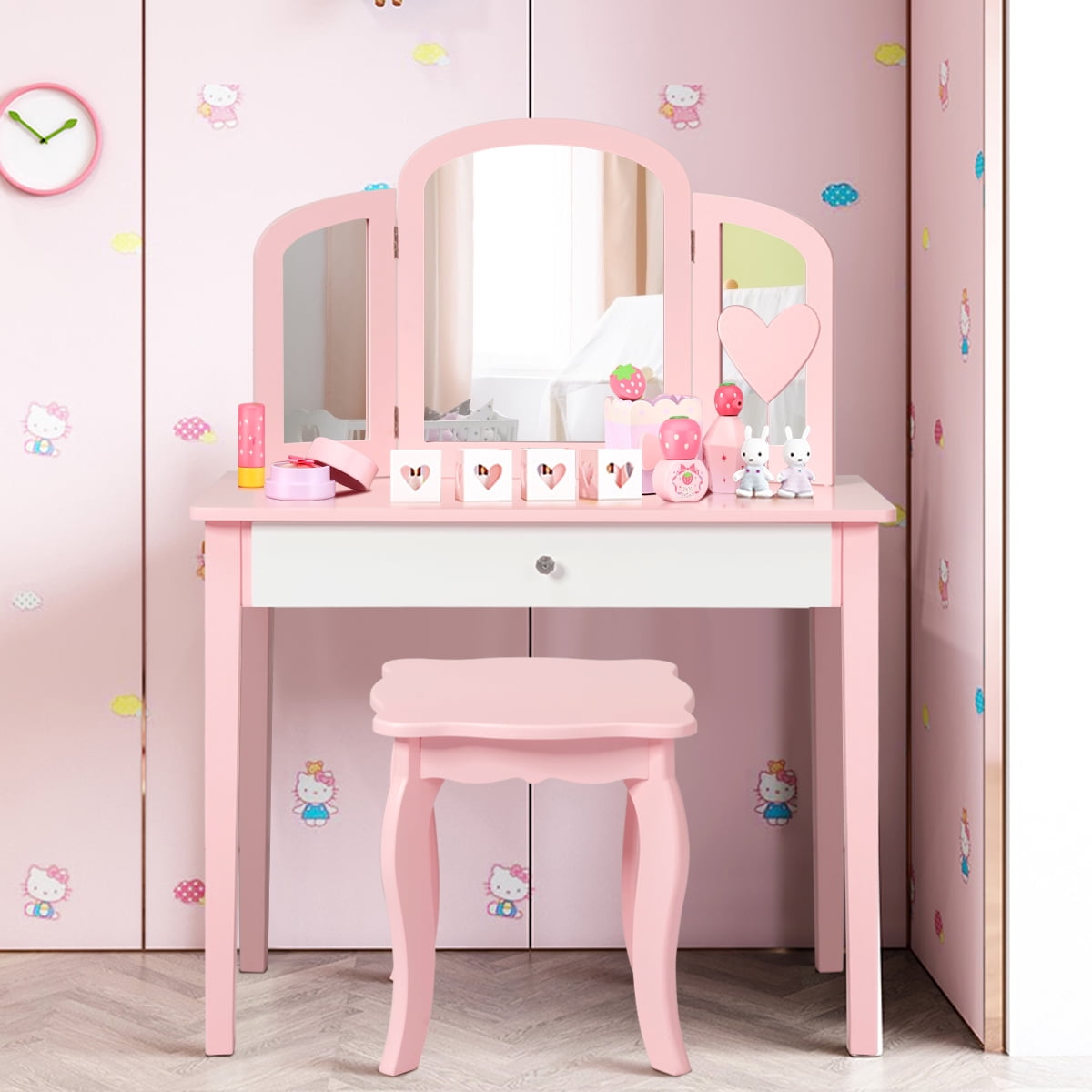 Details about   Vanity Table Set Makeup Dressing Table Kids Girls Stool 3-Fold Mirror w/ Drawer 