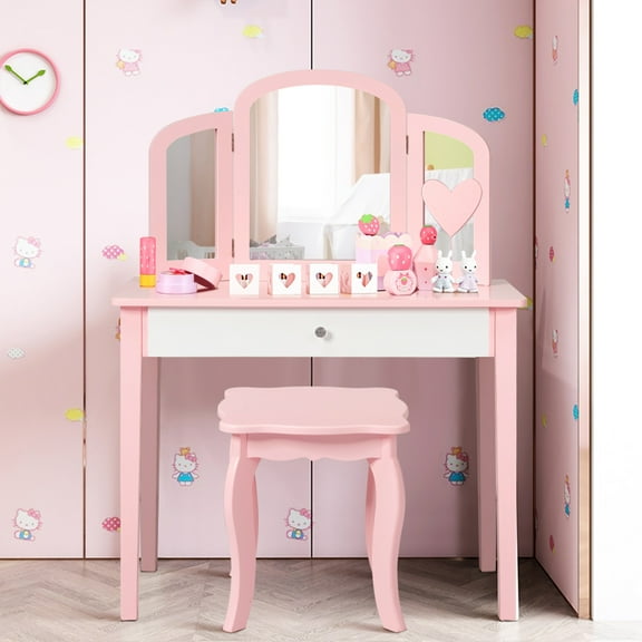 Costway Kids Vanity Set Princess Makeup Dressing Play Table Set W/Mirror-Pink