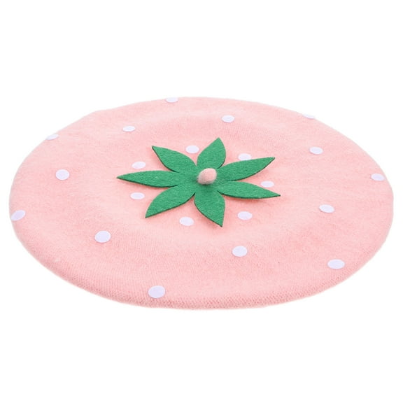 HONMEET Girls Beret Pink Beret Cap Strawberry Hat Wool Blend Cosplay Tea Parties Travel 1Pack