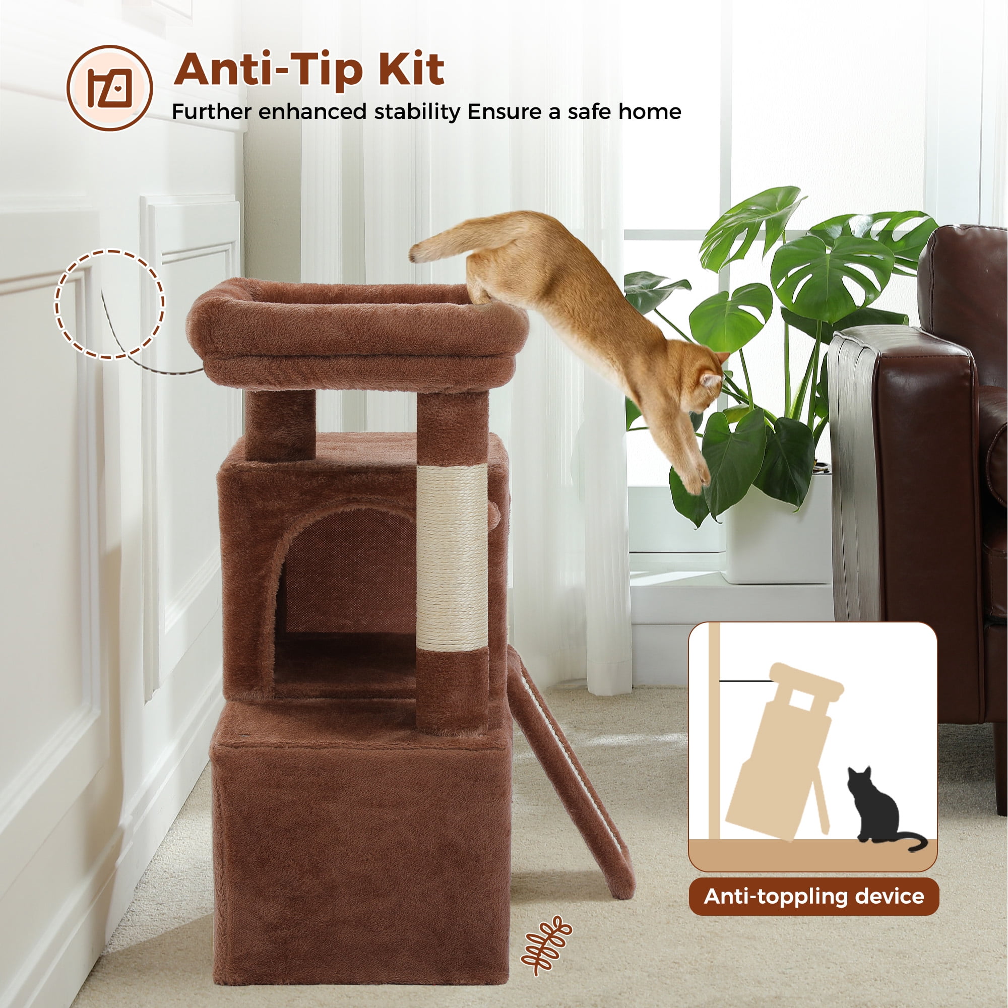 PAWZ Road 30" Cat Tree Condo with Sisal Scratcing Post Tower Ramp for Indoor Cats,Brown