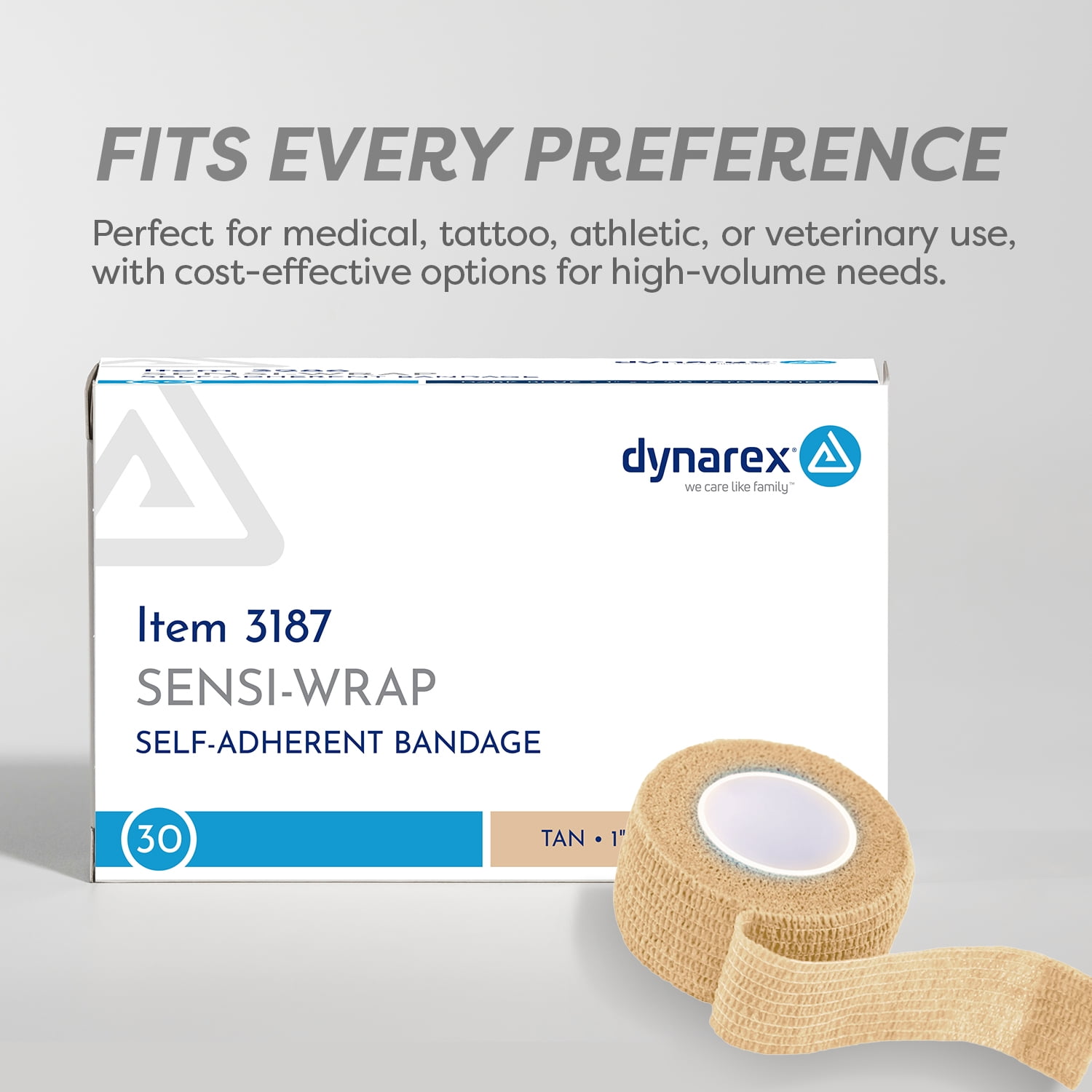 Dynarex Sensi-Wrap Self-Adhesive Bandages, 30-Pack, 1" x 5 yards, Tan, Latex-Free, Colored Elastic Cohesive Athletic Tape, Tattoo Grip & Vet Wrap
