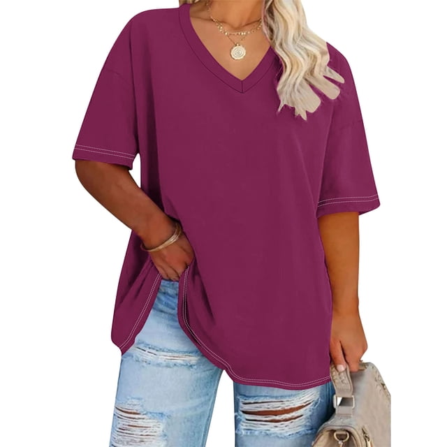 Cutuoiiu Plus Size Shirts for Women Summer V Neck Solid Color Oversized Tops Gifts