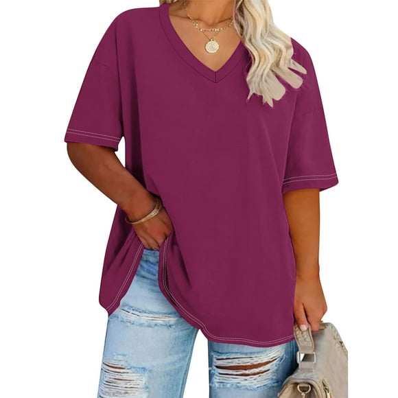 Cutuoiiu Plus Size Shirts for Women Summer V Neck Solid Color Oversized Tops Gifts