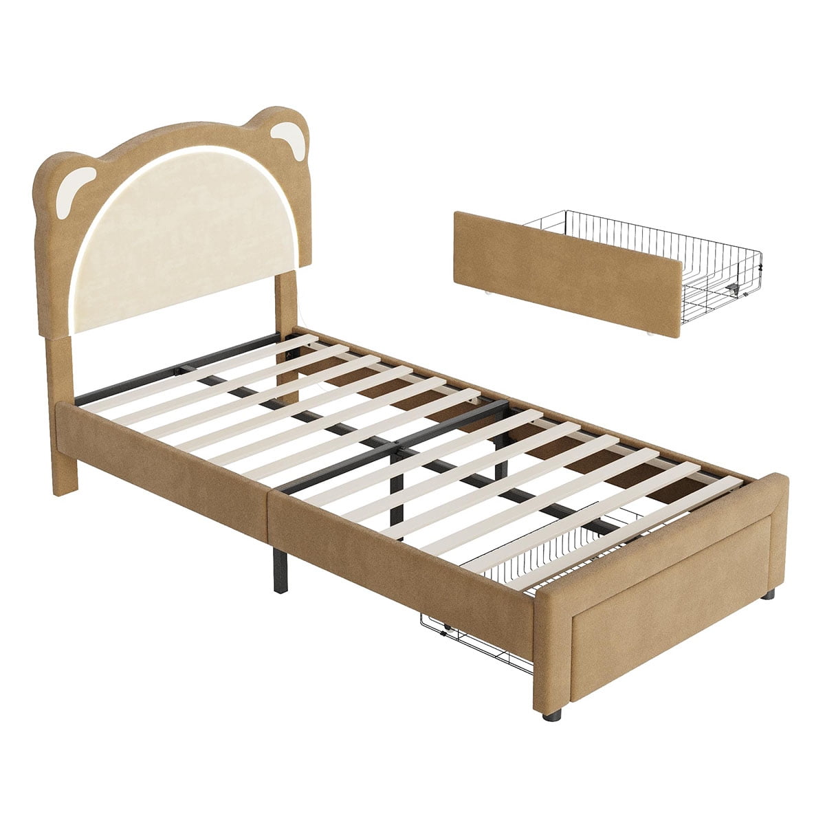 Danolapsi Twin Size Bed Frame, Upholstered Platform Bed Frame with Adjustable Headboard & Led Light, Wooden Slats Support, No Box Spring Needed