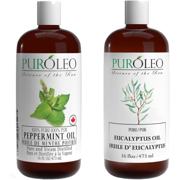PUROLEO 100% Pure Eucalyptus & Peppermint Essential Oil Combo Pack - 16 fl oz/473 mL | Natural Aromatherapy Oil for Diffuser, Candles, and More | Packed In Canada