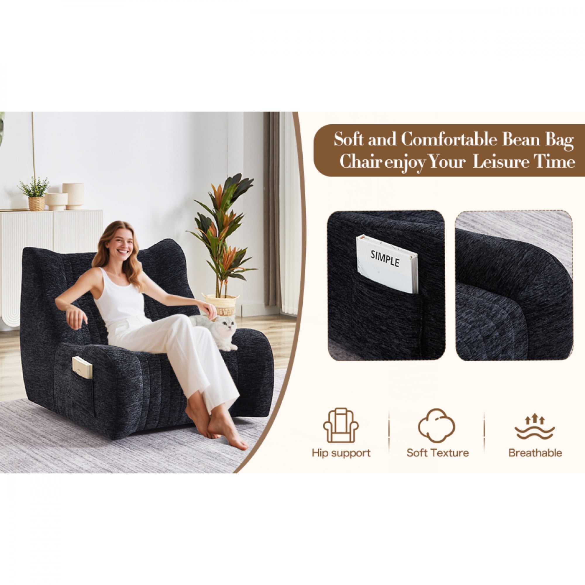 Oversized Bean Bag Chair with Armrests for Adults - Comfy Lazy Floor Accent Sofa for Living Room,Bedroom,Black