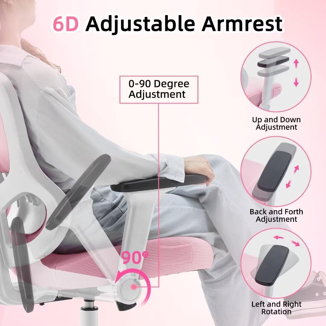 Frelaxbone Adult Mesh High Back Indoor Residential Adjustable Armrest Office Chairs, Caster,  Pink