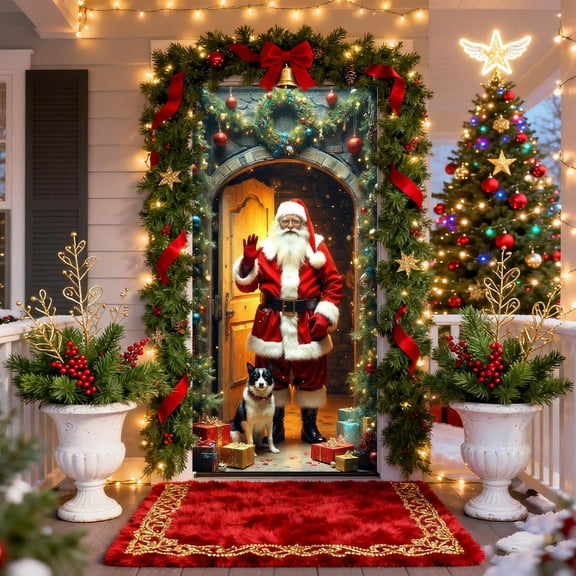 Christmas Door Curtain with Santa Claus Print Decor for Front Door Wall Party Festival Decoration Merry Xmas Celebration
