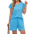 thumbnail image 4 of MOSHU Womens Pajamas Sets V Neck Tops and Drawstring Shorts Sets with Pockets Two Piece Lounge Sets Oufits, 4 of 12