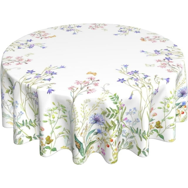 Spring Tablecloth Round 70 Inch,Sage Green Wild Flowers Table Cloth,Stain Resistance Polyester Summer Floral Plant Seasonal Table Covers for Kitchen Dining,Small Tablecloth for Parties Picnic