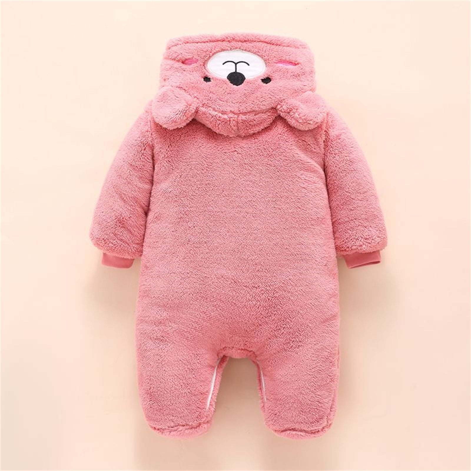 Jinhomg Cute Bear Onesie for Baby Soft Cozy Fleece Footie Hooded Romper Fall Winter Thermal Long Sleeve Full Zip Jumpsuit Trendy Bodysuit Spring Saving Pink 12 Months