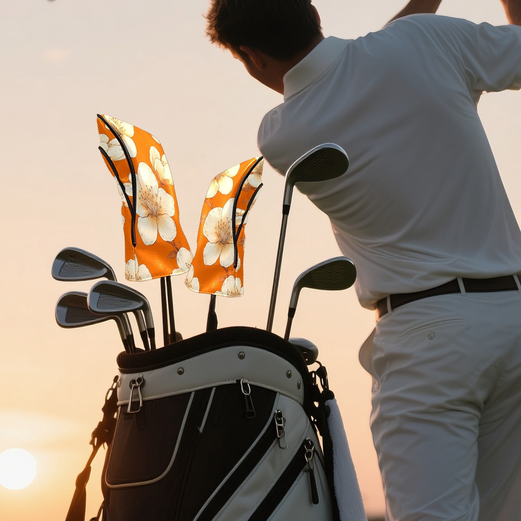 Golf Club Covers PU Leather Waterproof Head Covers for Fairway Woods Hybrids Peach Blossom