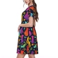 thumbnail image 2 of Honeii Robe à Manches Courtes Imprimé Chats Colorés pour Femmes, Robe Décontractée Confortable, Mélange Polyester Spandex Doux, Tenue Quotidienne Élégante pour l'Été, Parfaite pour les Voyages et les Vacances, 2 of 6