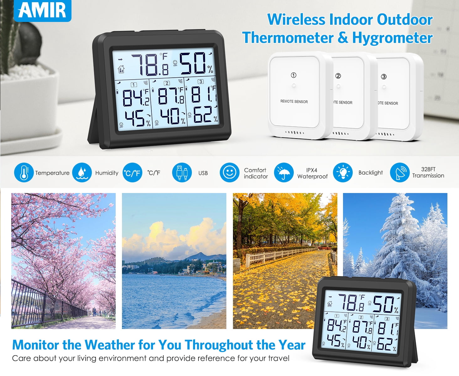 Indoor Thermometer, AMIR Indoor Outdoor Thermometer Digital Hygrometer Thermometer with 3 Sensor Humidity Gauge Indoor Thermometer for Home Bedroom Baby Room Greenhouse Warehouse Black