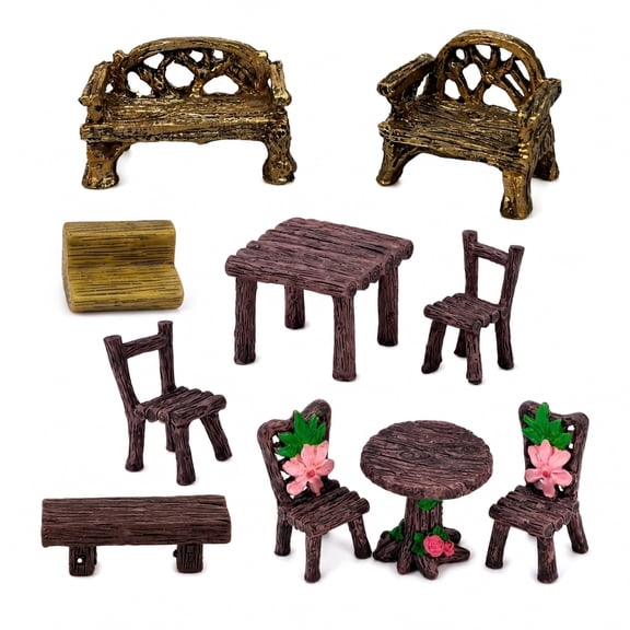 10 Pack Resin Mini Table and Chair Ornaments, Miniature Decorative Figurines for Micro Landscape, Bonsai, Terrarium and Indoor Desktop Display