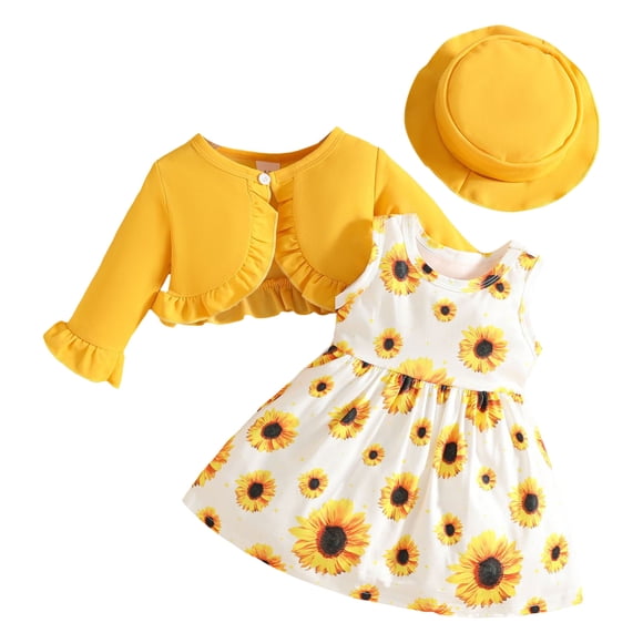Splozh Infant Baby Girl Clothes Dress Girls Dress and Cardigan Sleeveless Floral Print Tank Dresses 2 Piece Kids Girl Spring and Fall Outfit Gold,2-3 Years