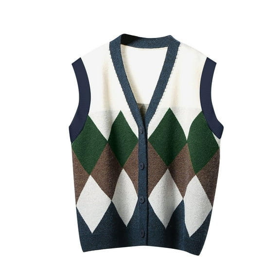 Aobny 2024 Sweaters for Women Blue Sweater Vest Button Up Sleeveless V-Neck Argyle Cardigan Ladies Tops Cozy