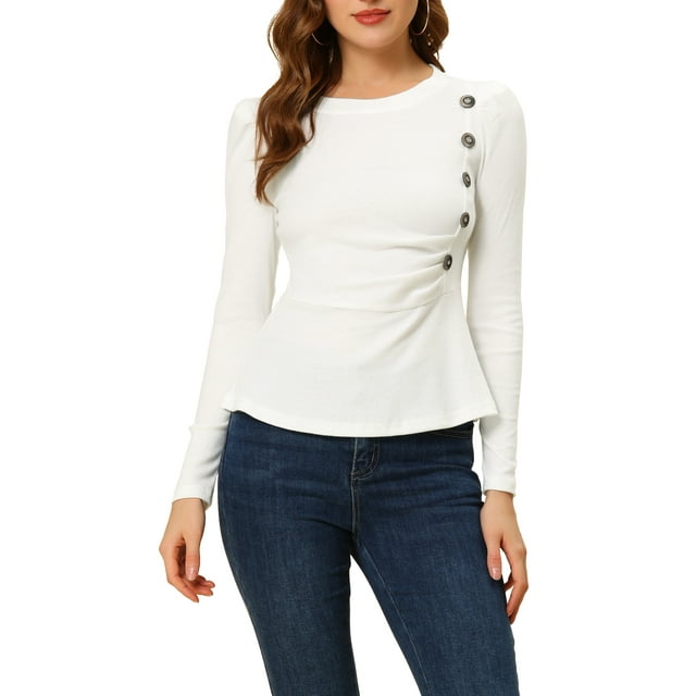 INSPIRAR CHIC Blusa de Peplum de Manga Larga con Botones y Cuello Redondo Casual para Mujeres S Blanca