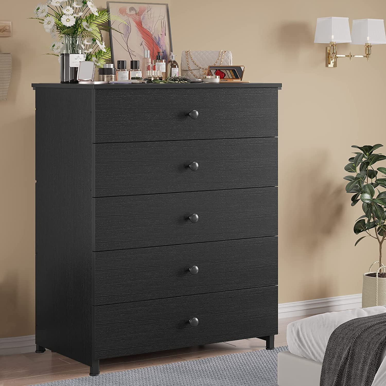 5 Drawer Dresser, Wooden Dresser with Heavy Sturdy Steel Frame
