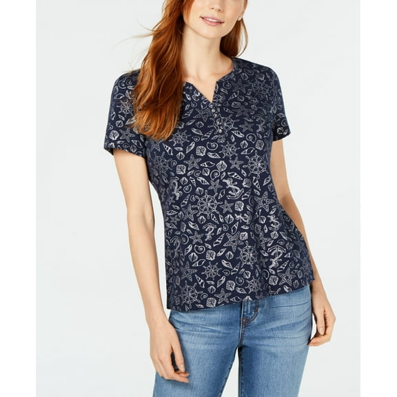 Foil-Print Split-Neck T-Shirt Intrepid Blue M