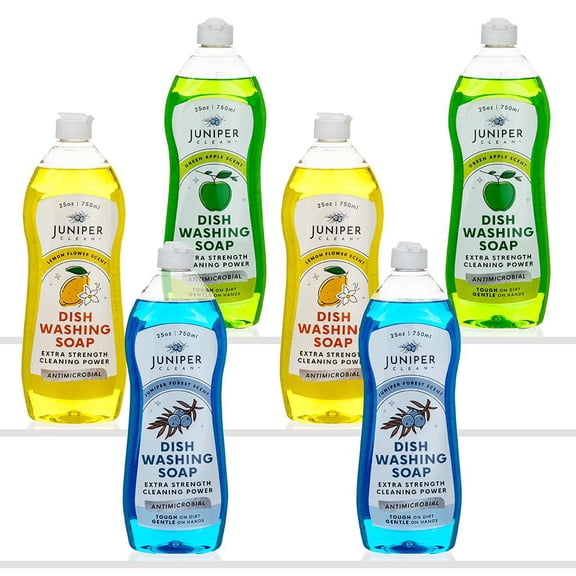 (6 Pack) Juniper Clean Liquid Dish Soap, 2 Green Apple, 2 Juniper, 2 Lemon Scent, 25 fl oz Bottle
