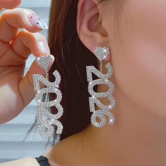 Luxury Rhinestone Love Heart 2026 Digital Earrings Long Tassel Drop Dangle Earrings Women Jewelry for Near Year Christmas Party