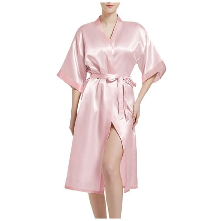 GHSOHS Robes for Women Nightshirt Bridal Lingerie Satin Kimono Bridal Dressing Gown Bridal Bathrobe Satin Kimono Bridal Sexy Silk V Neck Kimono with Belt Sleepwear Sleepshirt Robe Pajamas Nightgown