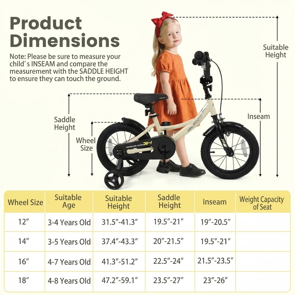Redsmile Kids Bike 12 Inch with Removable Training Wheels for Boys Girls Ages 3-4, Sport Bicycle with Adjustable Seat, Rubber Wheels, 145 lb Capacity, Coaster Brake Toddler Bicycle, Beige
