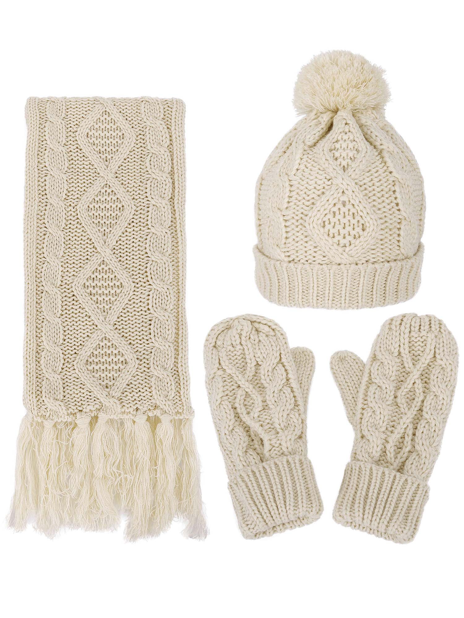 3 in 1 Warm Thick Cable Knitted Hat Scarf & Gloves Winter Set, Beige