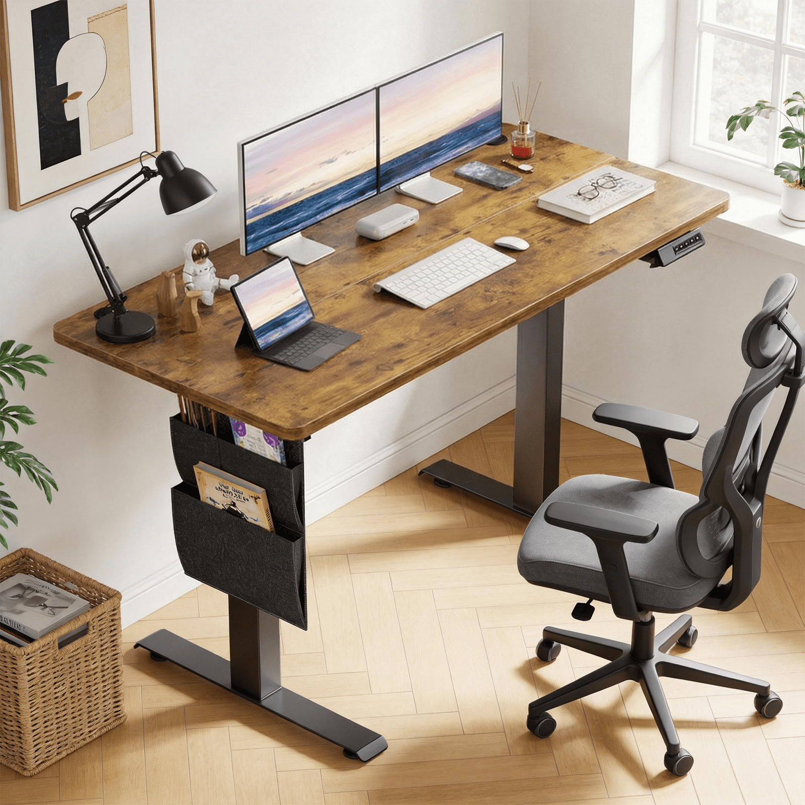 CHITOOMA 55" x 24" Electric Standing Desk with Storage Bag, Adjustable Height Sit to Stand Desk with 4 Memory Pre-Set, Headphone Hook for Home Office, Rustic Brown