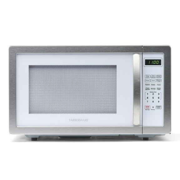 Farberware Stainless Steel Countertop Microwave Oven with Child Lock, 1.1 Cu Ft Platinum White