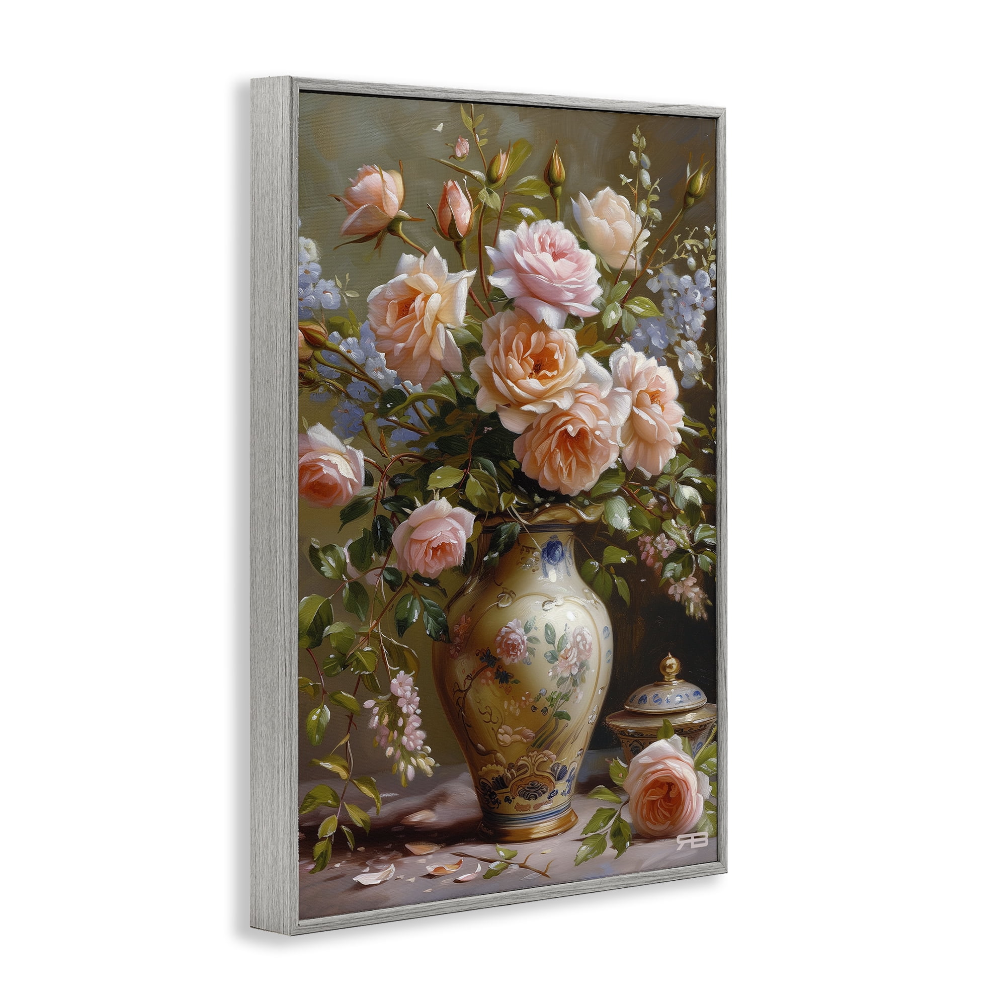 Stupell Industries Roses in Traditional Vase Botanical & Floral Painting Gray Framed Art Print Wall Art, 16 x 24
