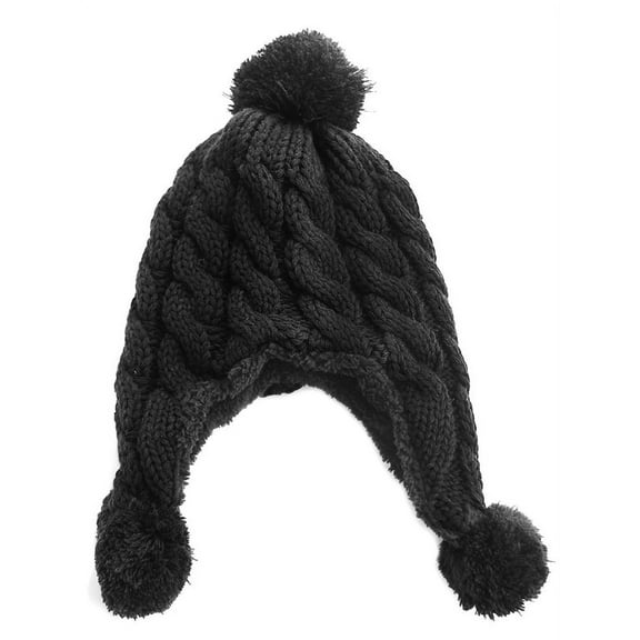 Unisex Winter Thick Cable Knit Soft Pom Pom Beanie Cap - Black