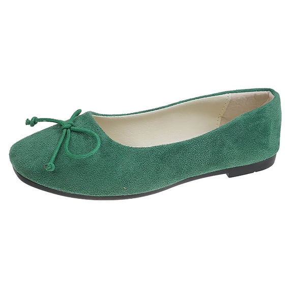 Womens Green Faux Suede Ballet Flats with Bow - Slip On Comfortable Work Loafers Casual Shoes,Size 7