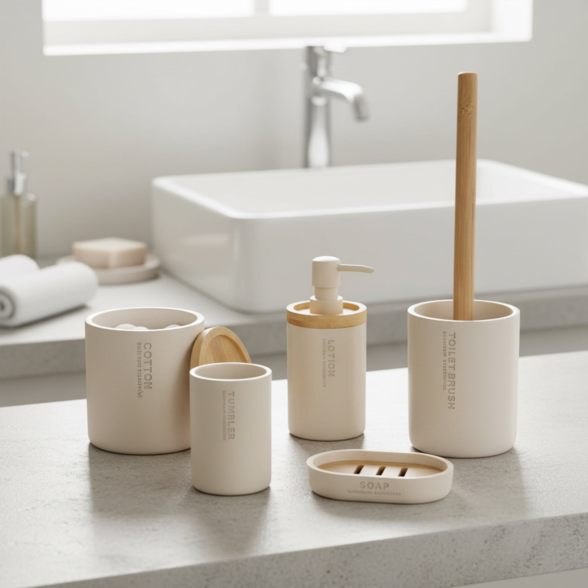 Stylish Matte Beige Toilet Brush and Holder Set with Natural Bamboo Handle - Polyresin Bathroom Cleaning Solution