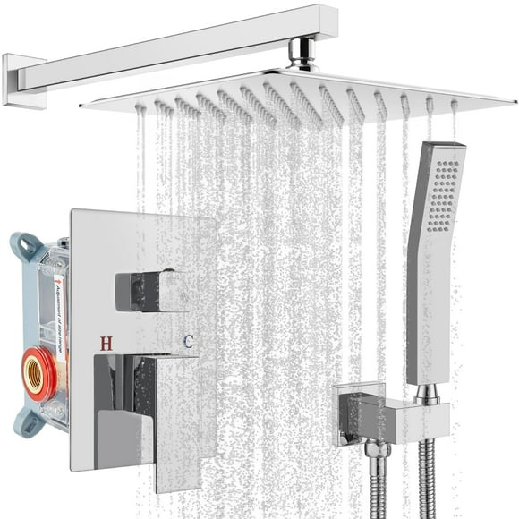 Système de Douche 10 Pouces Salle de Bain Mélangeur de Pluie de Luxe Argenté Ensemble Combo de Douche Mural avec Tête de Douche Haute Pression Tête de Douche Carrée Polie Chrome Brut