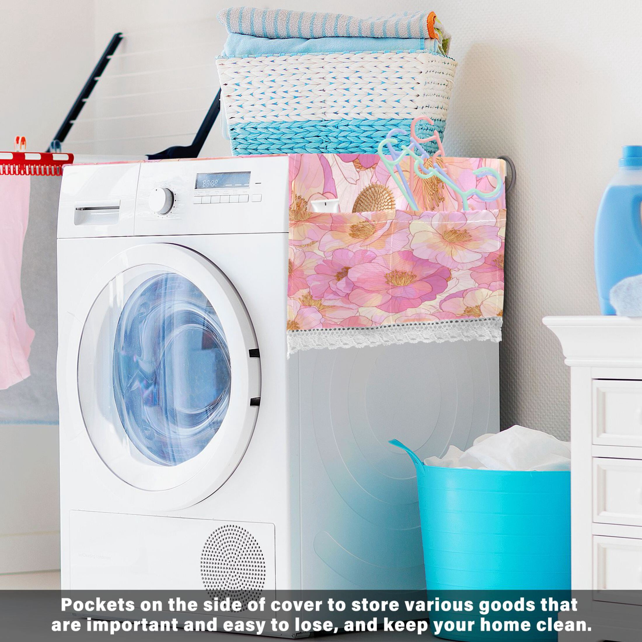 Wobogo Pink Camellia Washing Machine Cover Dustproof Washer Dryer Cover Waterproof Laundry Room Decorative Protector
