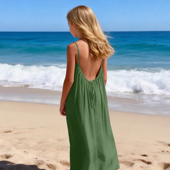 BRGZLK Frock Girl'S Dress, Big Girl'S Fashionable Casual Cute Solid Color Loose Suspender Back Drawstring Dress, Long Skirt