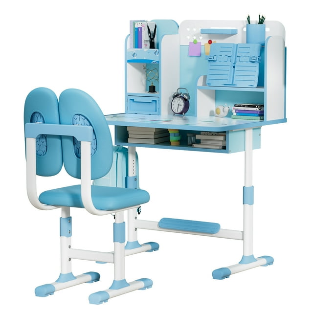 Trayknick 2Pcs/Set Kids Study Desk Chair Set, Height Adjustable Children School Study Table Chair Set with Sitting Corrector, Ergonomic Desk Chair with Book Stand, Foot Pedal, Partition Design
