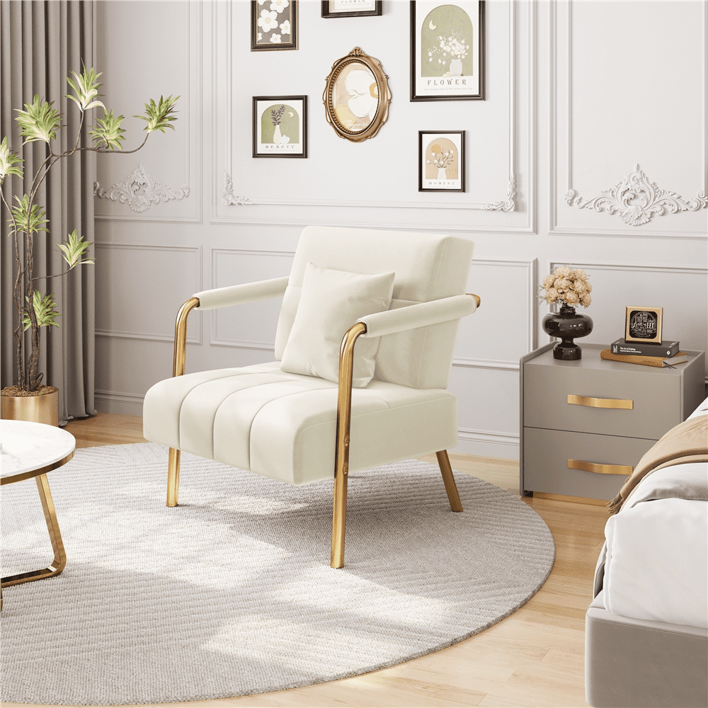 Renwick Velvet Upholstered Accent Armchair with Gold Metal Frame, Beige