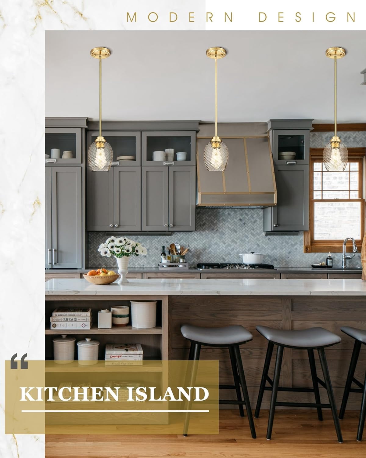 Gold Pendant Light, 1-Light Pendant Lights Kitchen Island with Striped Amber Glass Shade, Modern Hanging Light Fixtures for Entryway Dining Room, AD-22299-1P-OR
