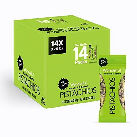 Wonderful No Shells Pistachios - Roasted & Salted Favorite Recipes Grab Nutritious Desserts 110 Calorie Resealable Bag - 0.75 Oz Pack (Box Of 14)