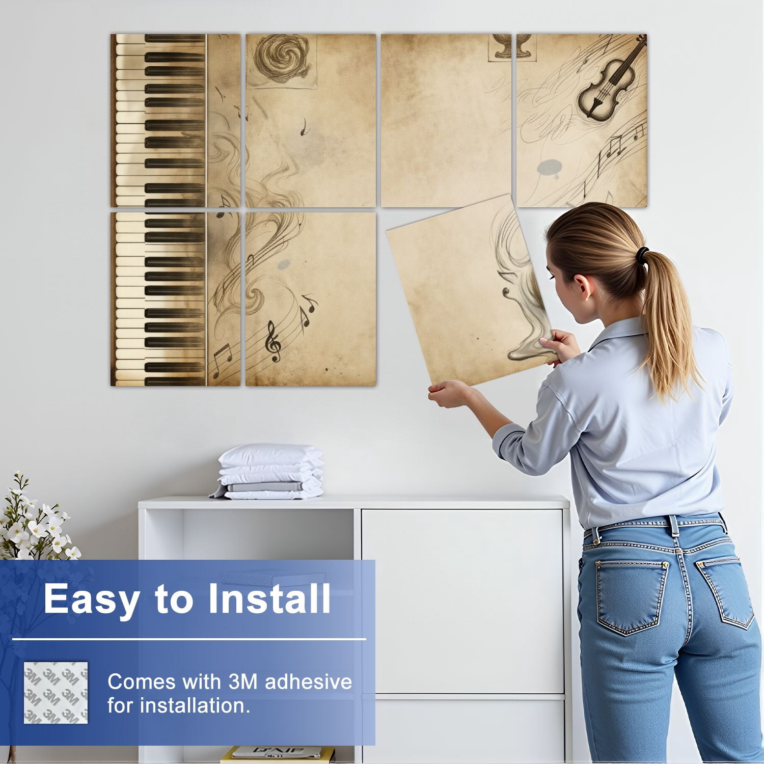 Musical 8 Pack Art Acoustic Panels Sound Absorbing Vintage Musical Piano Keys Violin Sheet Music Clock Sepia Decorative Soundproof Wall Panels Self Adhesive for Game Room Music Classroom 48"x32"