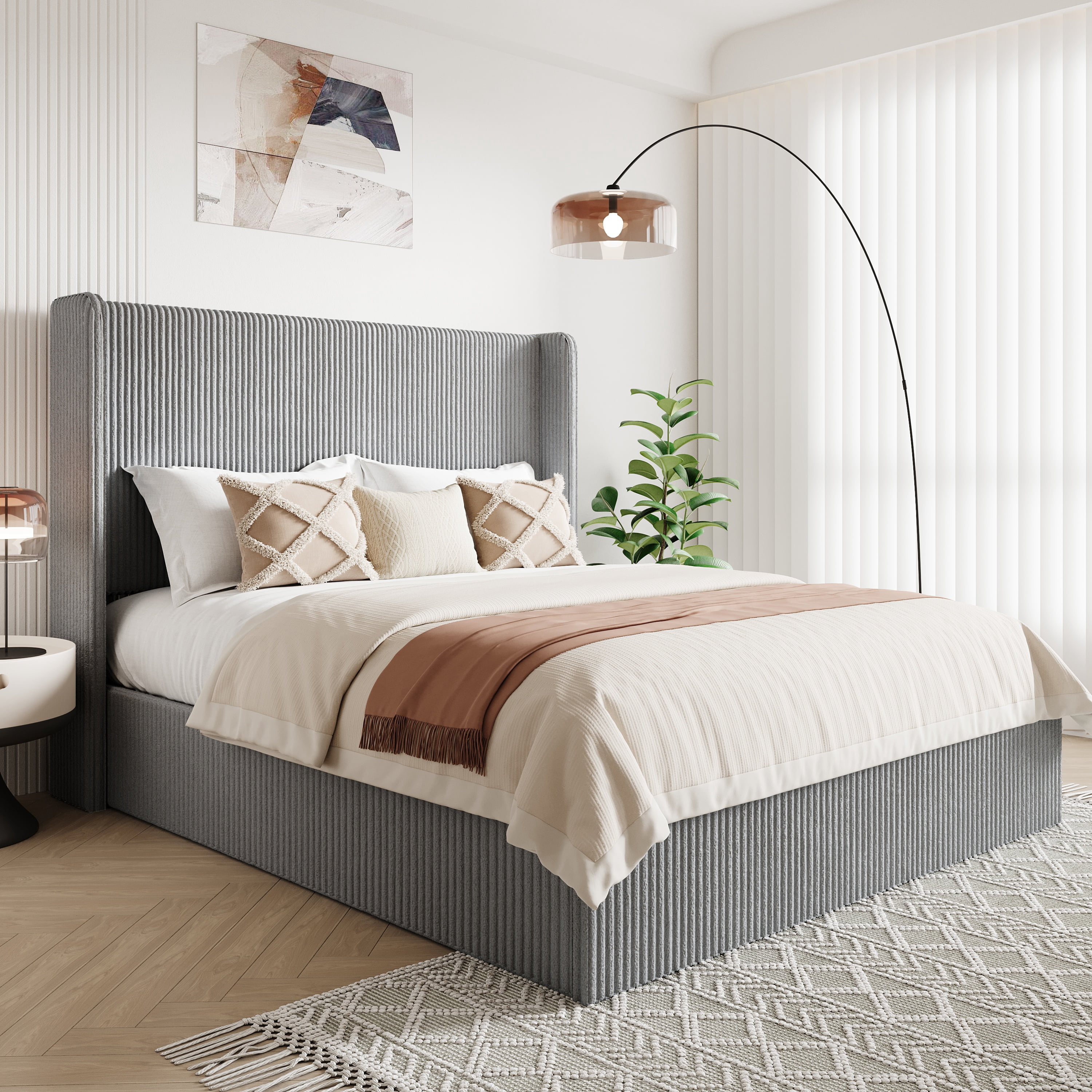 Allewie Queen Size Lift-Up Storage Bed Frame with Modern Wingback Headboard, Corduroy Upholstered Platform Bed, Hydraulic Gas Lift Support, Underbed Storage, Wooden Slats, No Box Spring Needed, Grey